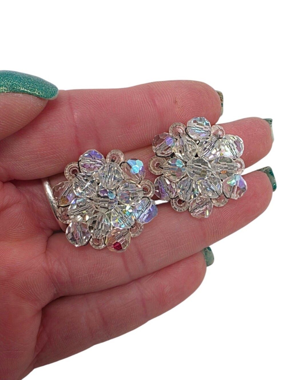 Vintage Aurora Borealis Crystal Clip On Earrings AB Crystal Cluster 1" 50s 60s